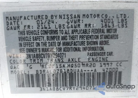 2024 Nissan Sentra Sv Xtronic Cvt from USA, damaged, VIN 3N1AB8CV7RY294071